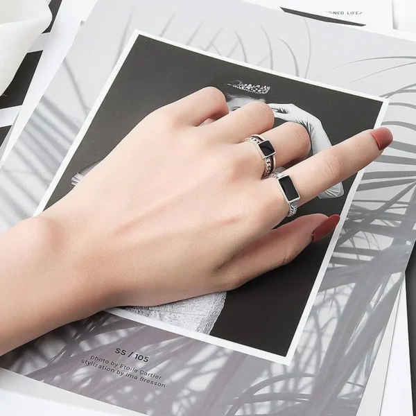 Black silver ring Resin Rectangle simple Gift - Image 3