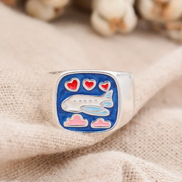 Beautiful Airplane Ring with Hearts in Red Color - Image 4