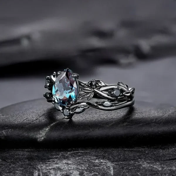 Black silver ring fashion sea blue zircon - Image 3