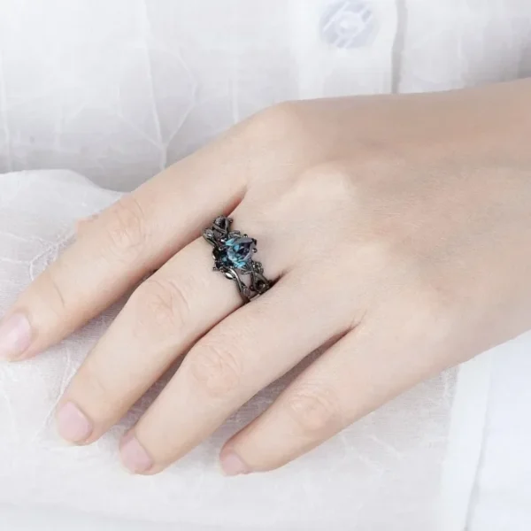 Black silver ring fashion sea blue zircon - Image 2